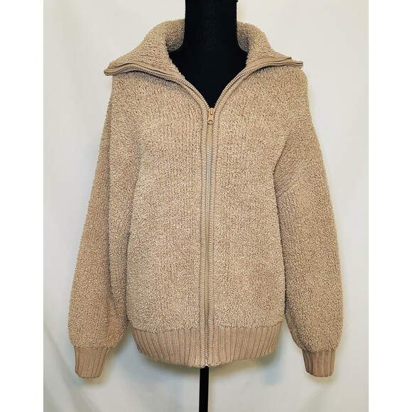 Aerie Full Zip‎ Tan Teddy Jacket Oversized Thick Warm Sherpa Women's SMALL - Picture 1 of 9